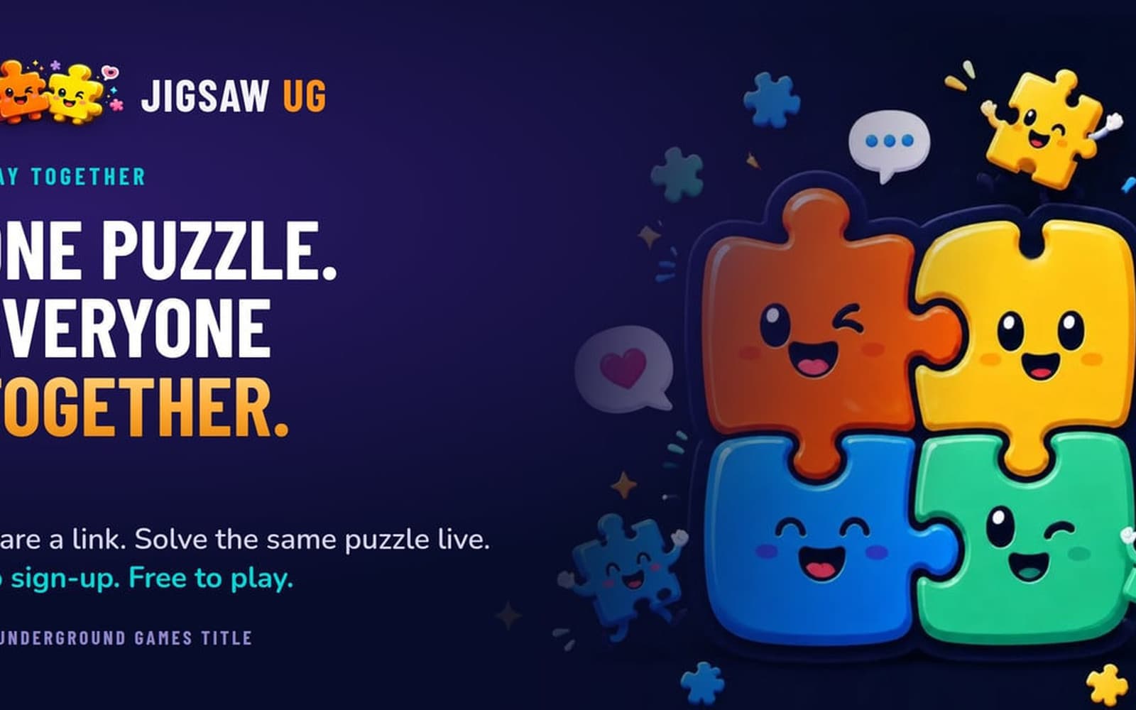 Jigsaw.ug co-op card — the mascot family under the line "One puzzle. Everyone together."