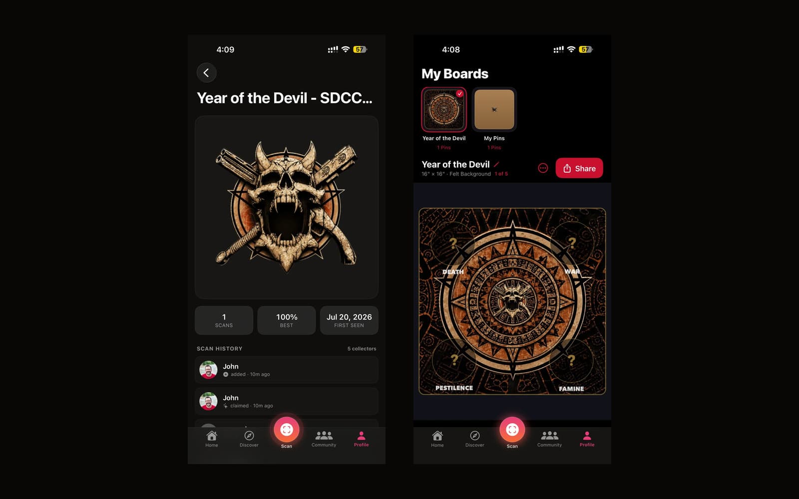 Two PinTap screens: the Year of the Devil SDCC pin with its scan history, and the collector board with the Death, War, Pestilence and Famine slots