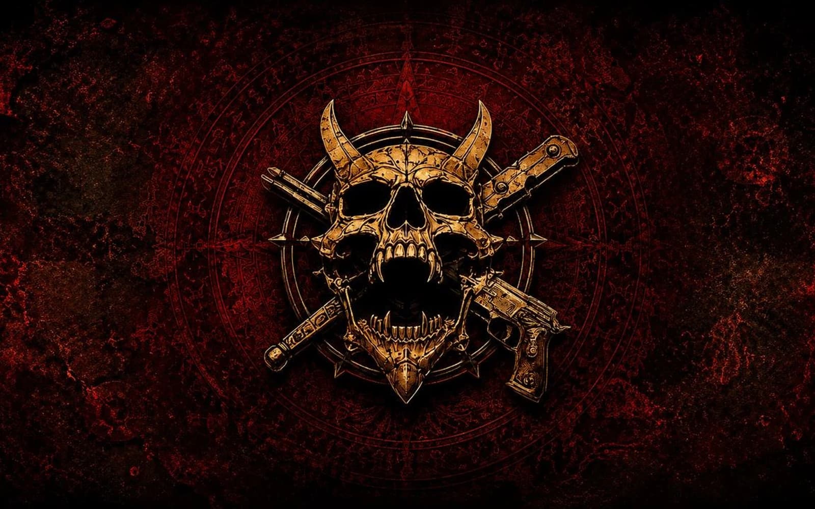 Year of the Devil key art — a horned gold skull over crossed weapons on a scorched red seal
